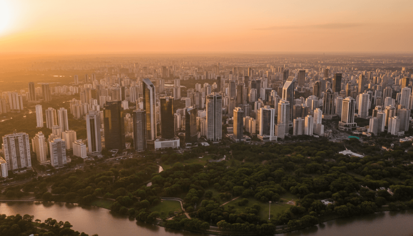 Vista aérea do skyline de uma cidade brasileira ao entardecer