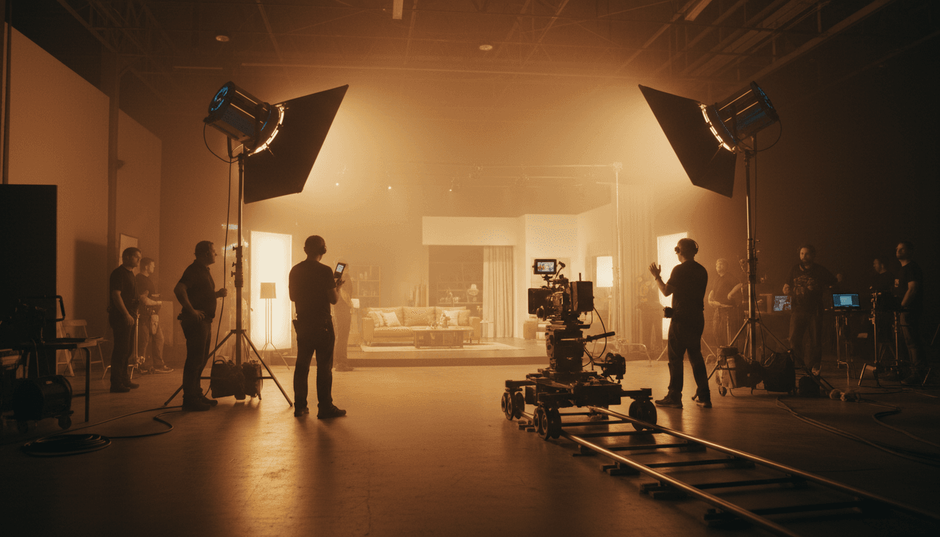 Set de filmagem publicitária com câmera de cinema e iluminação profissional