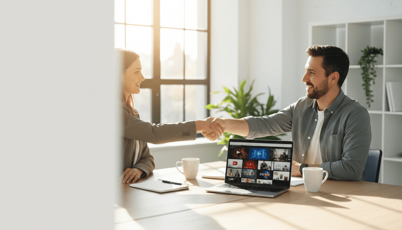 Reunião entre cliente e produtora de vídeo com portfólio no laptop