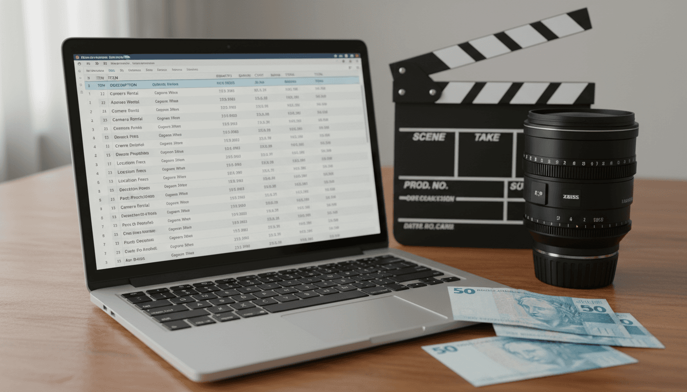 Equipe de produção calculando o orçamento de um vídeo, com câmera e claquete sobre a mesa