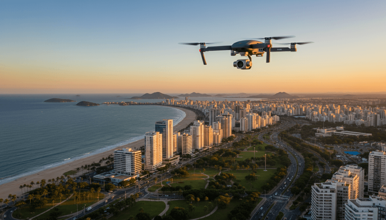 Drone filmando uma vista aérea de uma cidade brasileira ao pôr do sol