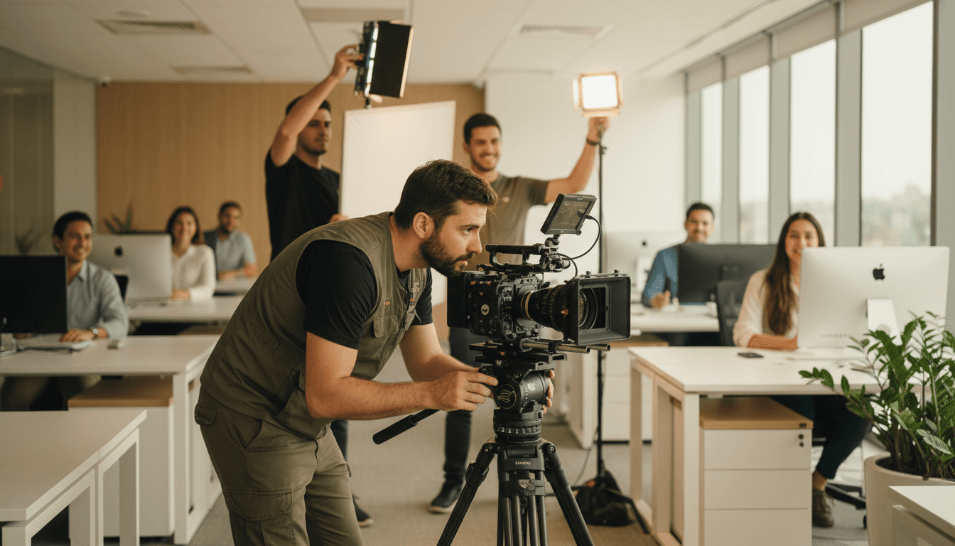 Equipe filmando um vídeo institucional em um escritório moderno