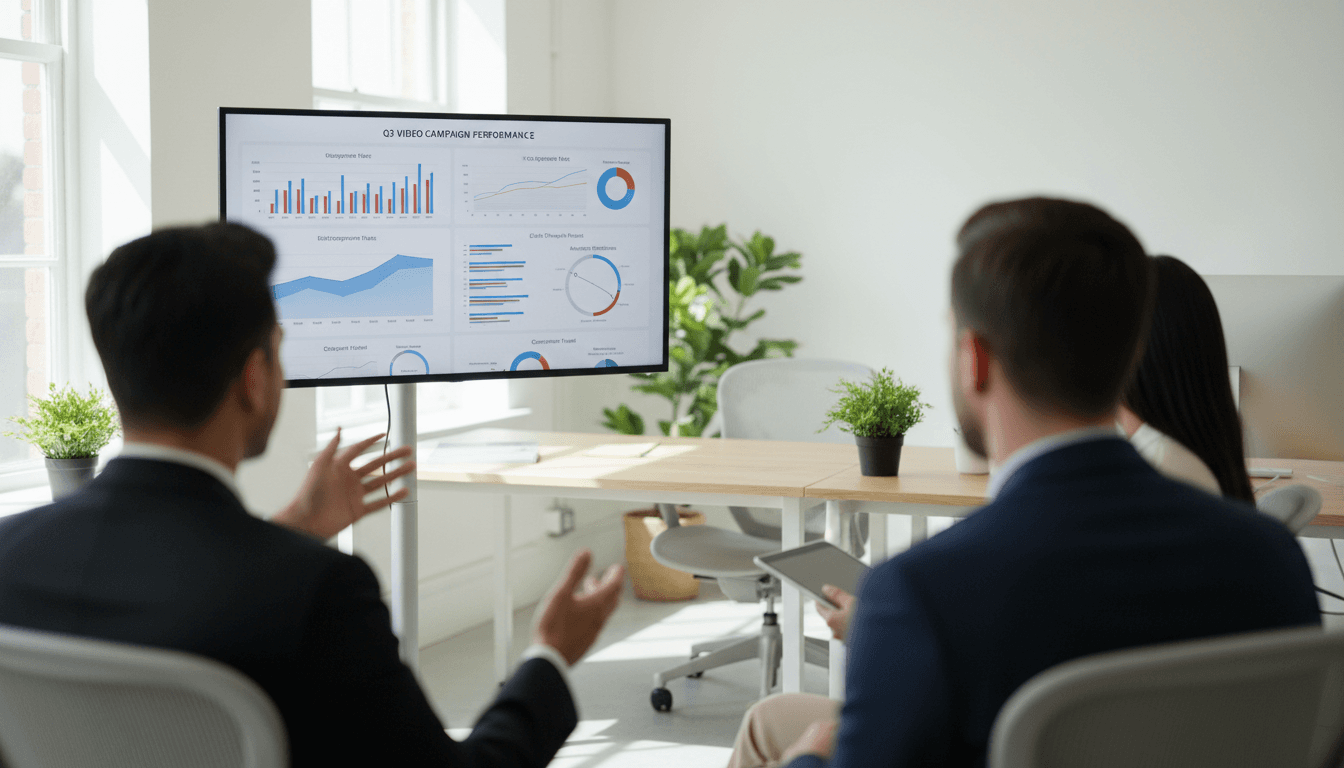 Equipe de marketing analisando o desempenho de um vídeo em um painel de métricas