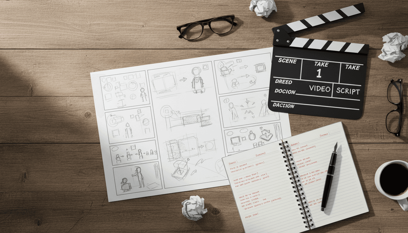 Mesa com roteiro, storyboard e claquete para planejamento de vídeo