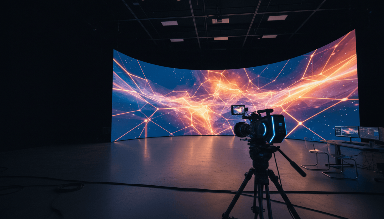 Estúdio de produção virtual com parede de LED e câmera de cinema
