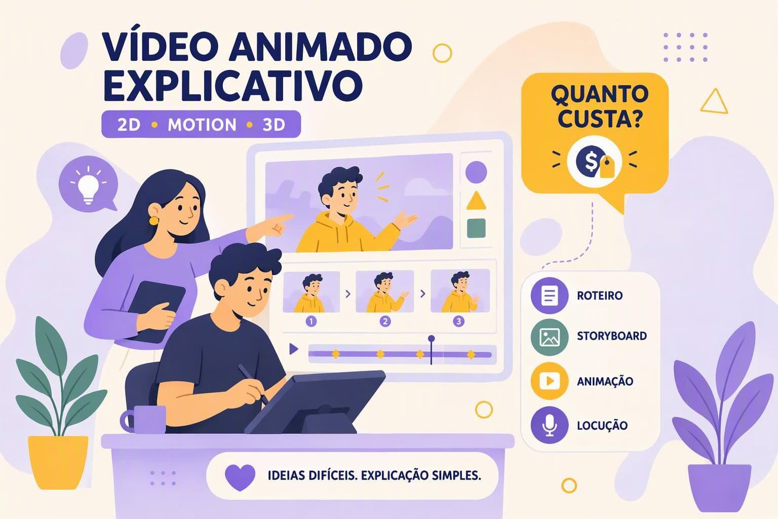 Vídeo animado explicativo: ilustração de animador desenhando em mesa digitalizadora com storyboard e linha do tempo de animação na tela