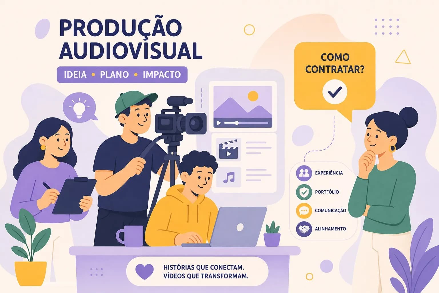 Ilustração de produtora audiovisual com equipe, câmera, roteiro e edição, e uma cliente avaliando como contratar